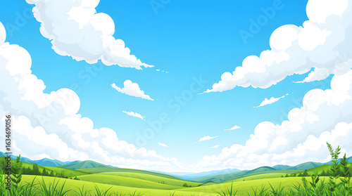 Vibrant Sky over Green Meadow: A captivating view of a green meadow under a beautiful blue sky, adorned with fluffy white clouds. This idyllic scene embodies tranquility.