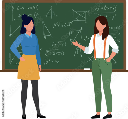 Two women teaching math formulas on classroom blackboard vector illustration 