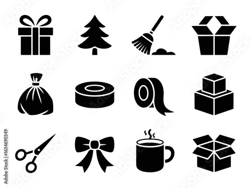 Black Christmas Gift and Holiday Icon Set – Vector Silhouettes