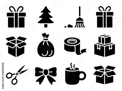 Black Christmas Gift and Holiday Icon Set – Vector Silhouettes