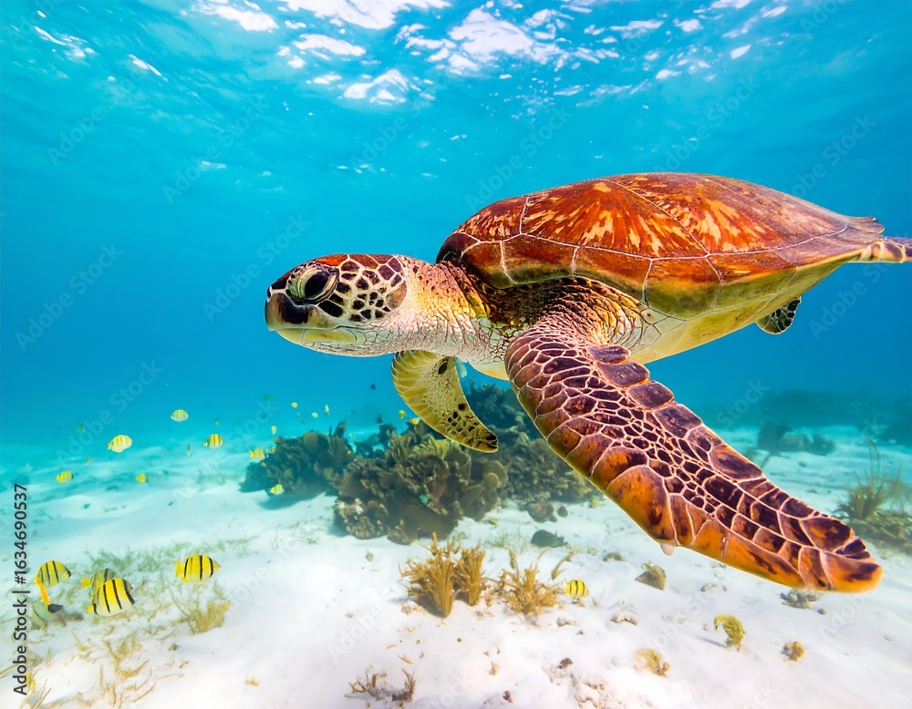 Fototapeta premium A magnificent sea turtle glides gracefully through the crystal-clear turquoise waters of the ocean, swimming above a sandy seafloor with small fish.