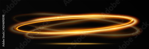 Vector glowing swirl. Magic golden ring light effect. Neon energy trace. Futuristic motion trail on dark background.
