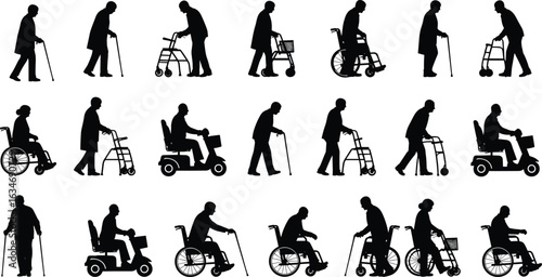 Elderly silhouettes, mobility aids, wheelchair, walker, cane, scooter, senior people, aging, accessibility, healthcare vector, black, posture