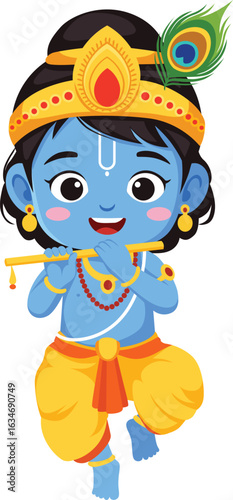 Cartoon illustration of Lord Krishna playing the flute, wearing a crown and traditional clothing, standing on one leg.