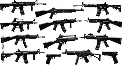 Firearm silhouette set, rifles and pistols, weapon vector, black illustration, military guns, handgun, assault rifle, tactical, firearm icons