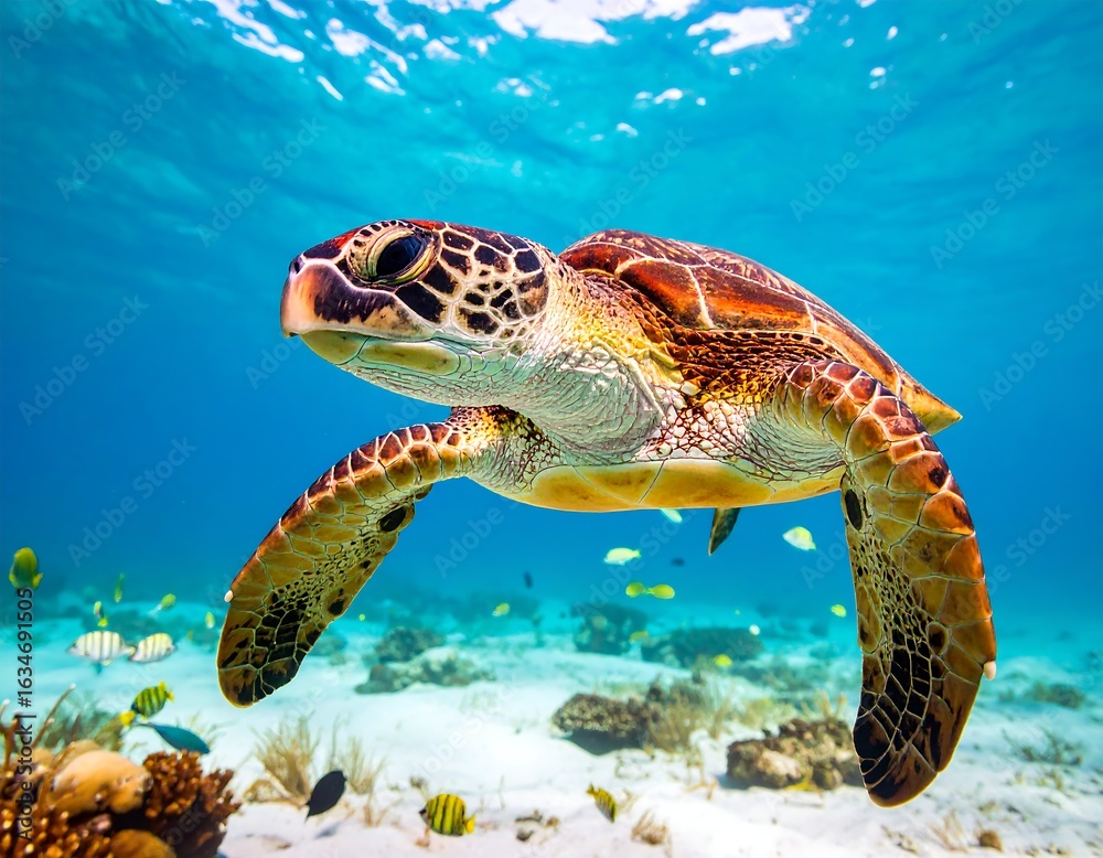 Obraz premium A magnificent sea turtle glides gracefully through the crystal-clear turquoise waters of the ocean, swimming above a sandy seafloor with small fish.