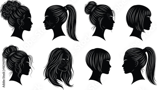 Hairstyle silhouette collection, 8 popular styles, ponytail, bun, bob cut, wavy hair, fashion vector, beauty, hair reference, black