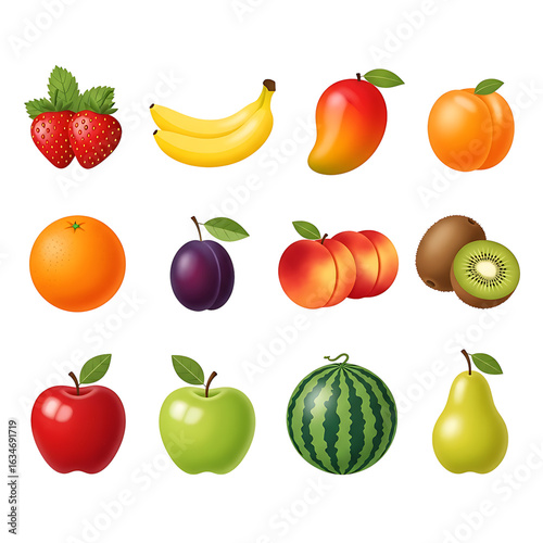 Collection of fresh ripe fruits including apples oranges bananas and strawberries isolated on transparent background