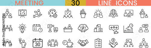 Collection of thirty diverse business meeting line icons,A compilation of thirty distinct line icons representing various business meeting concepts