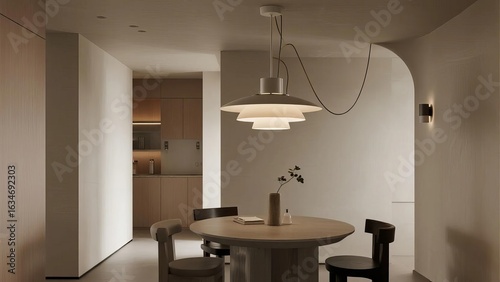 Modern minimalist dining area with sleek furniture and soft lighting