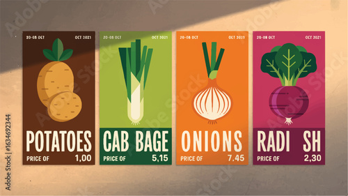 Four vertically aligned flat design vegetable price posters potatoes cabbage onions radish vegetables