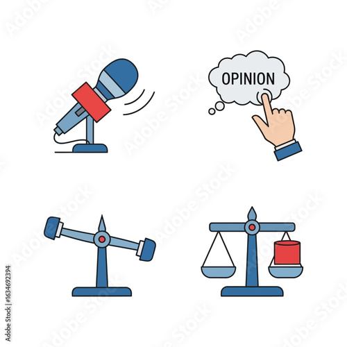 Four icons: microphone opinion bubble seesaw and scales of justice with weight.