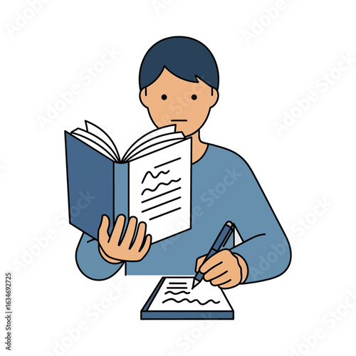 Person reading a book and writing on a notepad with a pen.