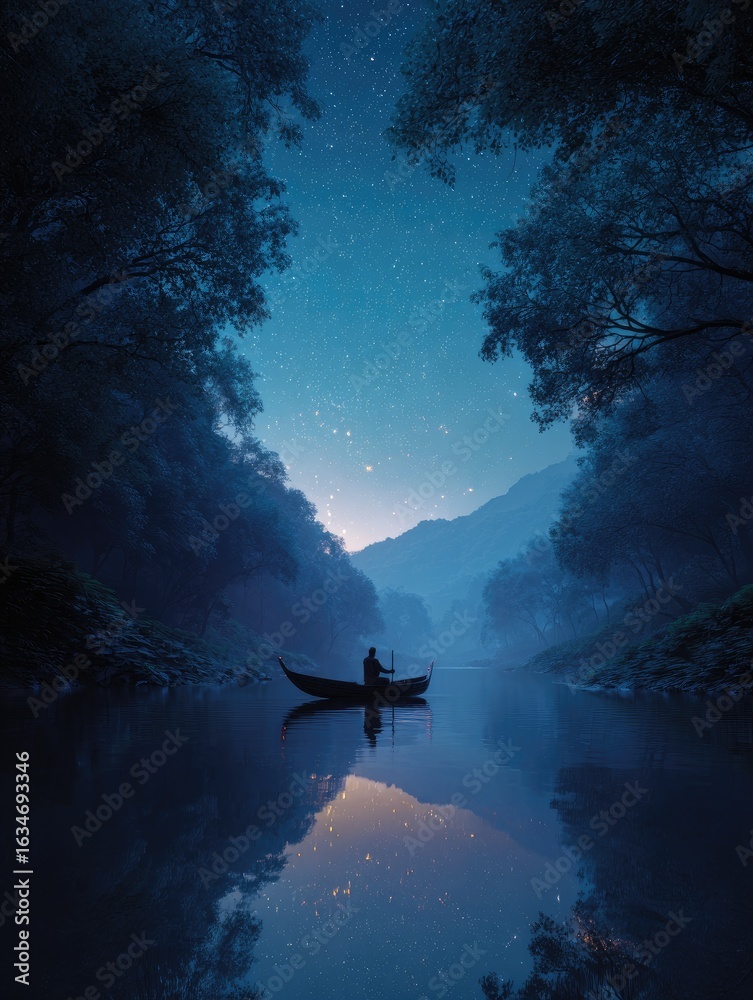 Fototapeta premium Silhouetted figure in a boat on a still night river