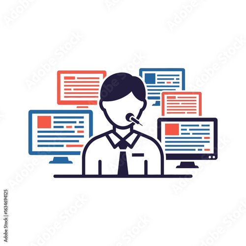 Faceless person with headset surrounded by computer screens customer service concept.