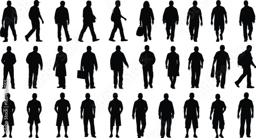 Human movement silhouettes, walking and standing poses, black vector, carrying bags, posture study, people icons, behavior, art reference