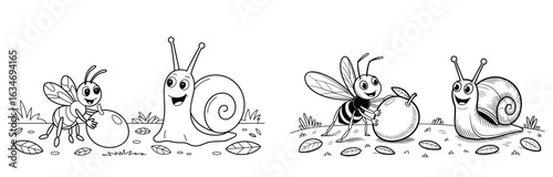 Cartoon Snail and Bee Pushing a Ball and an Apple Together in Outline insect animal