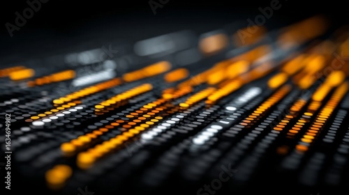 Dynamic digital network with vibrant orange and yellow hues, glowing pathways symbolizing technology, data flow,
