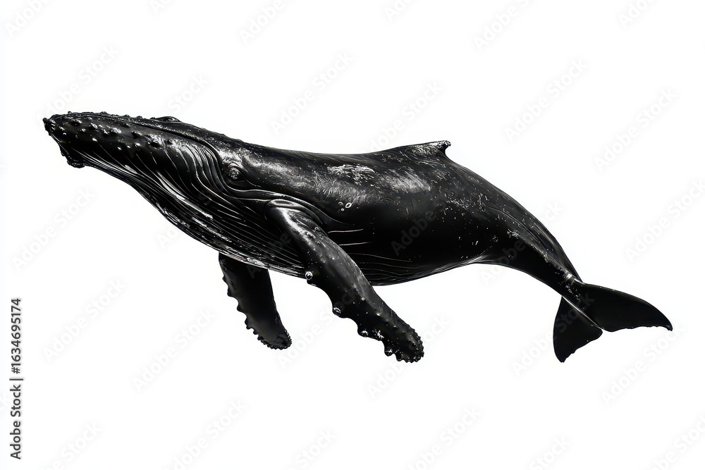 Fototapeta premium Black whale swimming gracefully on white background, showcasing the beauty and majesty of marine life in a minimalist design