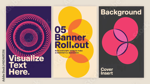 Three abstract graphic design posters with bold geometric shapes and text vector 1