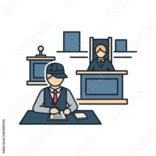 Illustration of a court scene with a judge and a person at a desk.