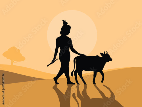 Silhouette of Lord Krishna Walking with Cow in a Desert Landscape Hindu deity