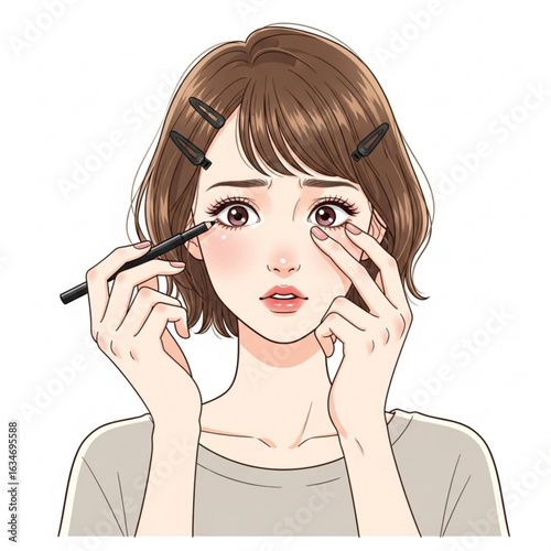 Vector art of cartoon woman applying eyeliner isolated on white background