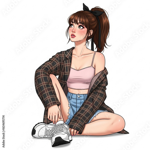 Vector art of anime girl with ribbon in hair sitting isolated on white background