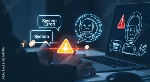 System Error on Laptop Screen  Troubleshooting Technical Issues and Digital Device Malfunctions with Alert Icons and Sad Robot Illustration