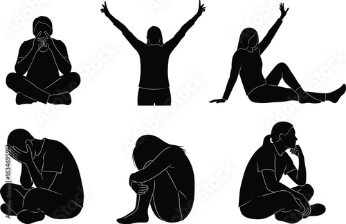  Emotional silhouette poses, depression illustration, mental health struggle, expressive figure art, sitting and standing people silhouettes, introspective mood
