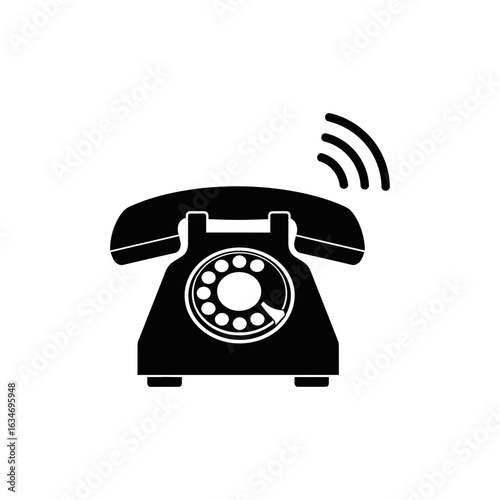Black rotary phone icon with sound waves indicating ringing or connection.
