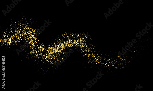 Curved golden glitter trail on black background
