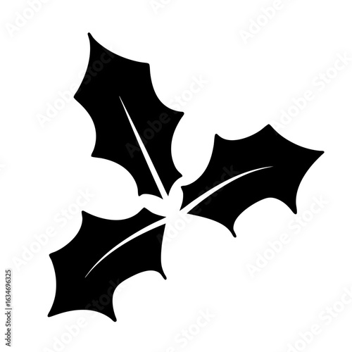 Black Holly Leaves Silhouette Icon for Christmas Decor, Simple black silhouette of three pointed holly leaves, symbolizing winter holidays, festive decorations, and traditional Christmas imagery.

