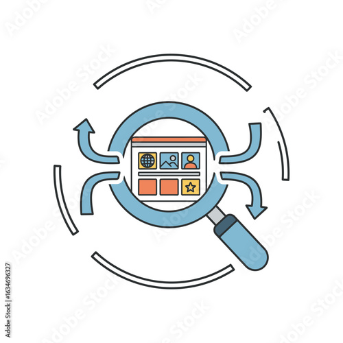 Website interface inside magnifying glass with arrows suggesting data flow.