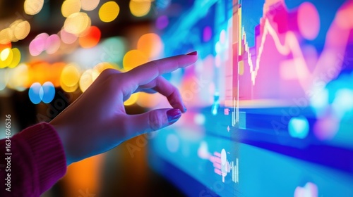 A hand reaches toward a vibrant, digital graph display, showcasing fluctuating data amidst a blurred, colorful background.