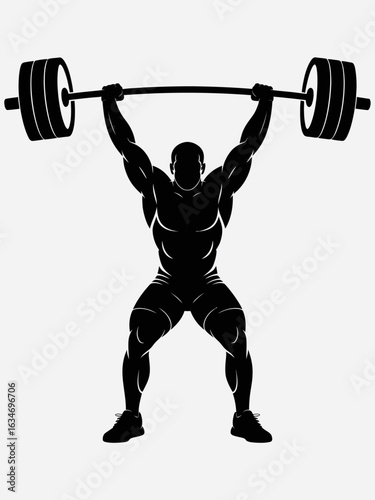 Weightlifter Silhouette Illustration – Strongman Lifting Heavy Barbell Overhead Vector Art.