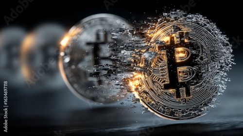 Bitcoin coins shatter into pieces with glowing orange shards,