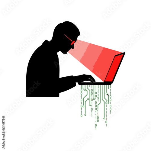 Silhouette of person using laptop with red light emanating from screen and circuit board.