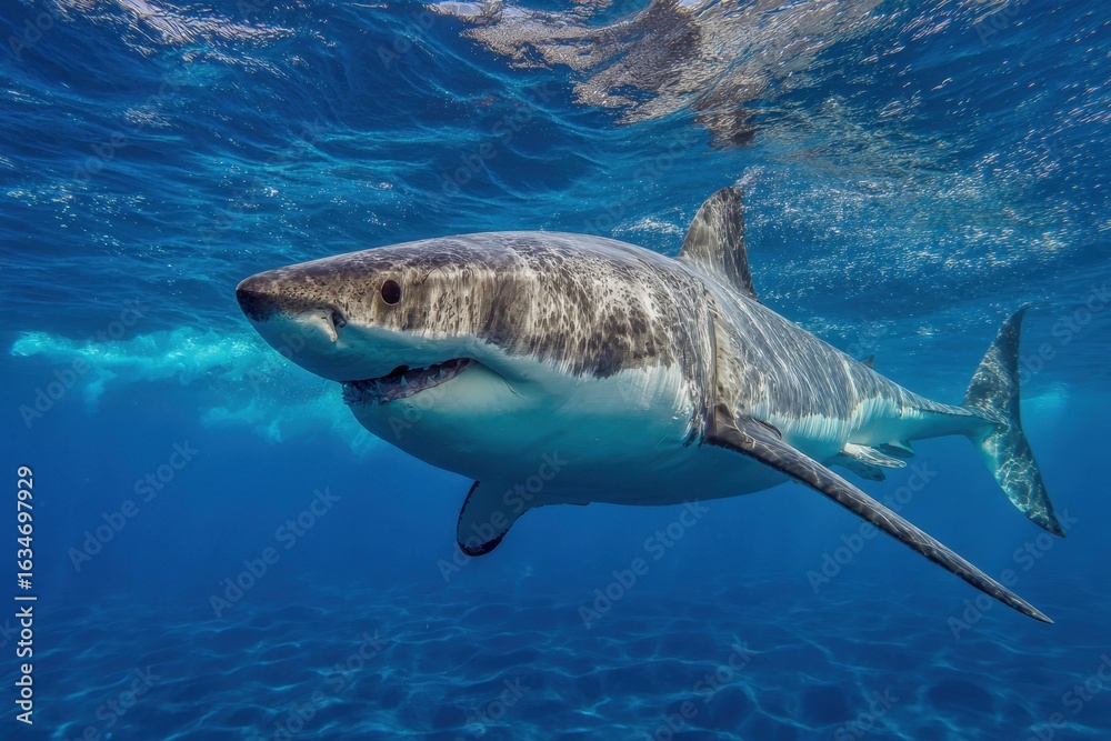 Fototapeta premium Great white shark swims close to divers at Isla Guadalupe during an underwater exploration adventure
