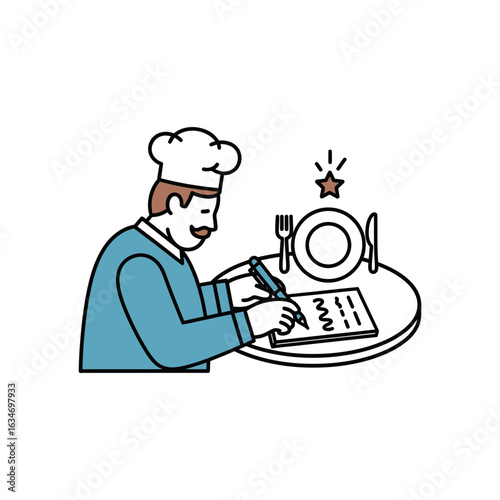 Chef writes on a notepad near a plate cutlery and star icon.