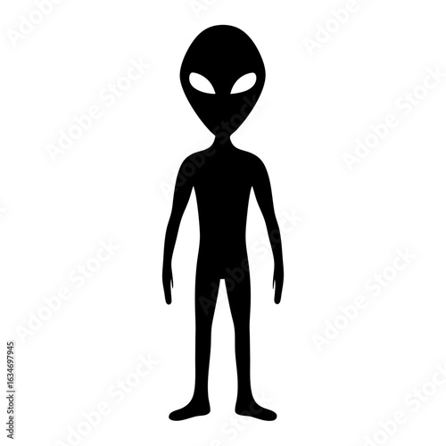 Black Alien Silhouette Icon with Large Head and Eyes, Black silhouette of a humanoid alien figure with an oversized head and large eyes, representing extraterrestrial life or science fiction.
