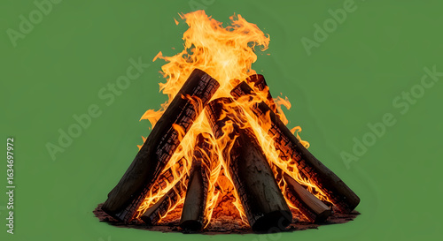 A campfire with burning logs stacked in a pyramid shape against a green screen background studio shot