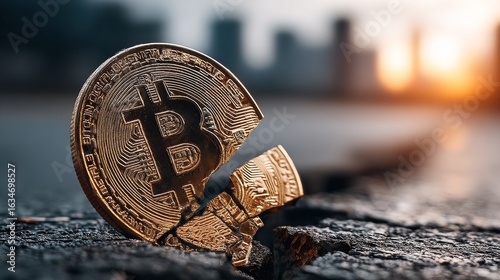 A broken Bitcoin token lies against an urban backdrop with warm sunset hues,