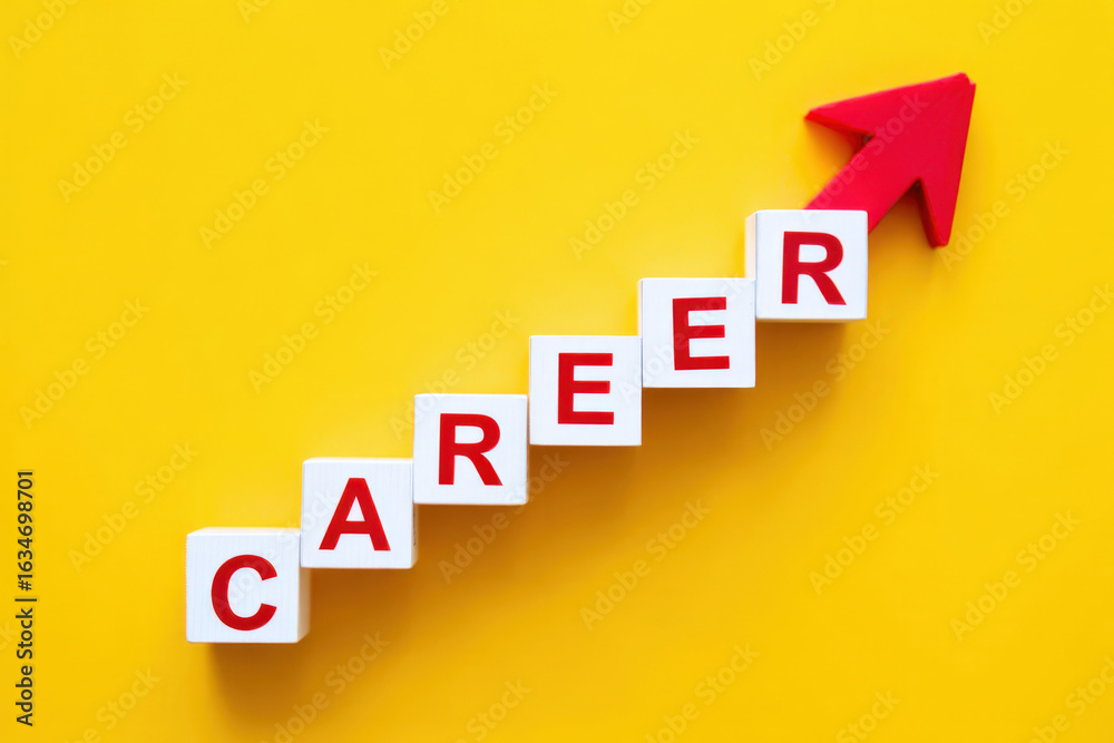 Obraz premium Climbing the Ladder to Success A Visual Metaphor for Career Advancement and Professional Growth Depicted with Ascending Blocks and a Bold Red Arrow on Yellow