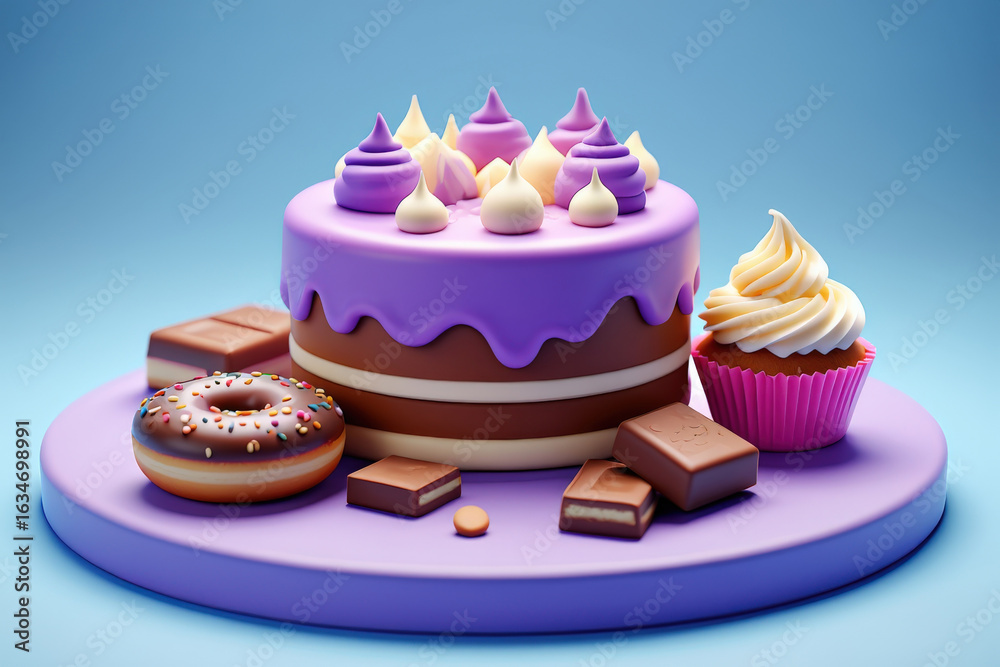 Delightful Dessert Display A Tempting Array of Sweet Treats on a Purple Platter Against a Soft Blue Backdrop Showcasing Cake, Cupcake, Donut, and Chocolate Delightful Dessert Display A Tempting Array of Sweet Treats on a Purple Platter Against a Soft Blue Backdrop Showcasing Cake, Cupcake, Donut, and Chocolate