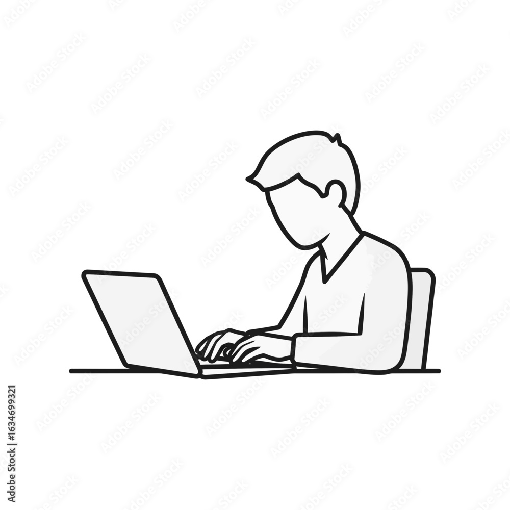 Person sits at a desk using a laptop computer in a line drawing. Person sits at a desk using a laptop computer in a line drawing.