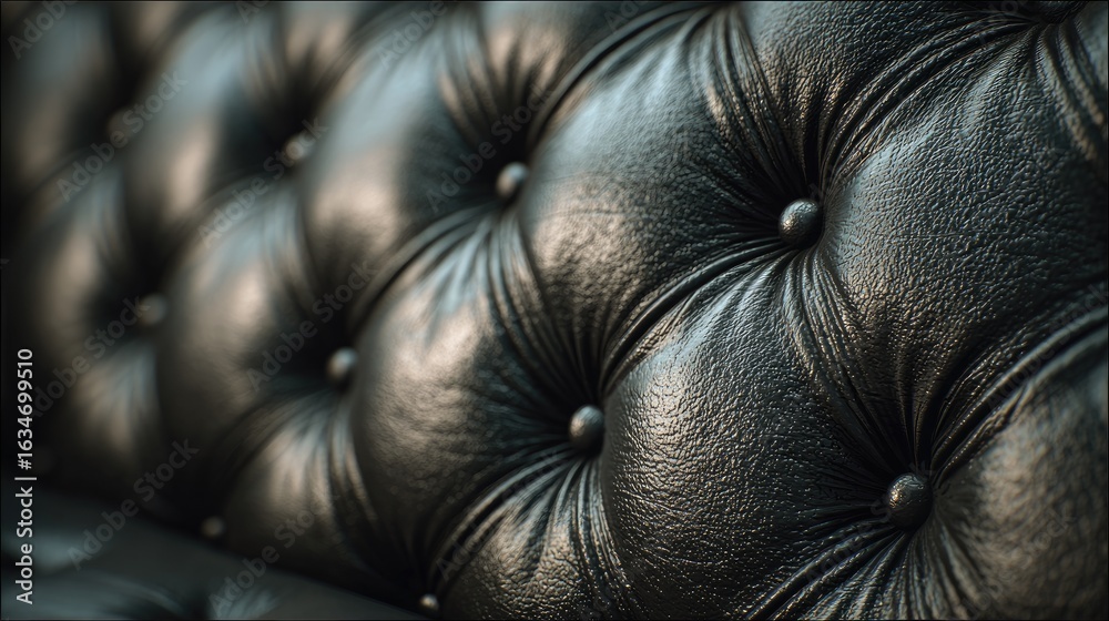 Naklejka premium Close-up of black leather upholstery with button tufting
