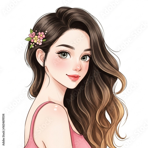 Vector art of portrait of a beautiful young woman with flower in her hair isolated on white background