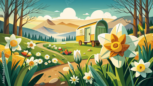 very Beautiful Daffodil spring flower and caravan in the distance