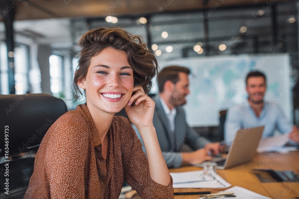 Obraz premium Happy young businesswoman enjoys her work at a modern office while collaborating with colleagues in the background during a productive meeting